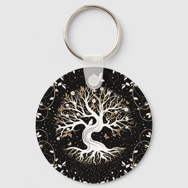 Chaveiro Árvore da Vida - Yggdrasil - branco preto e ouro (Frente)