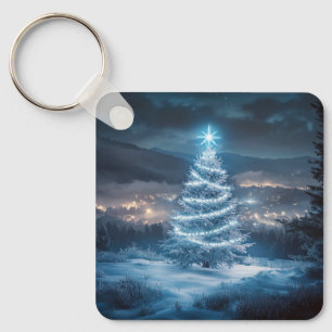 Chaveiro Árvore de Natal Noturna Brilhante Azul no Inverno