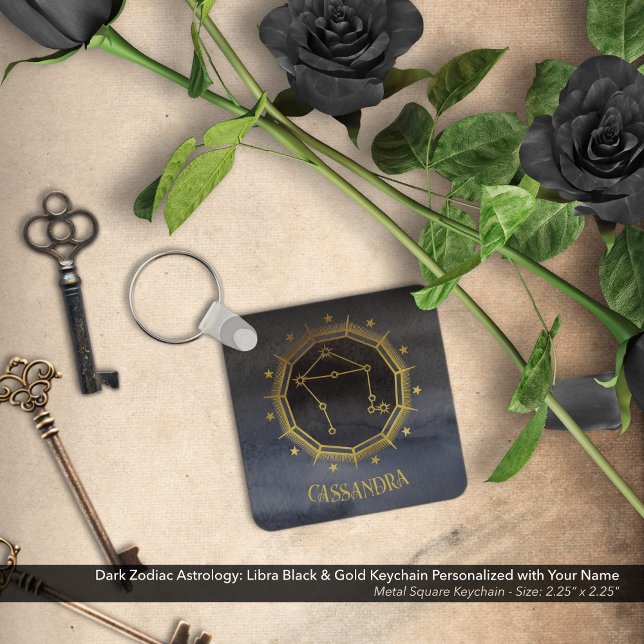 Chaveiro Astrologia Zodíaca Escura: Nome Dourado Negro Libr (Dark Zodiac Astrology: Libra Black & Gold Keychain Personalized with Your Name)