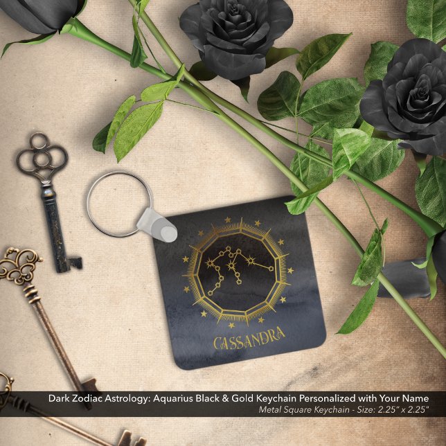 Chaveiro Astrologia Zodiaca Escura: Nome Prata Preto Aquári (Dark Zodiac Astrology: Aquarius Black & Gold Keychain Personalized with Your Name)