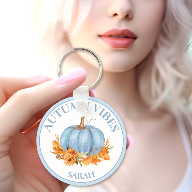 Chaveiro Autumn Vibes Blue Pumpkin Fall Nome Personalizado (Autumn Vibes Blue Pumpkin Fall Custom Name Keychain)