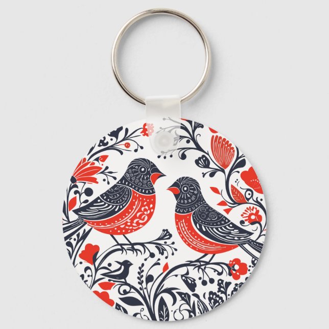 Chaveiro Aves de Arte Folclóricas Escandinavas Lino Cut Des (Frente)