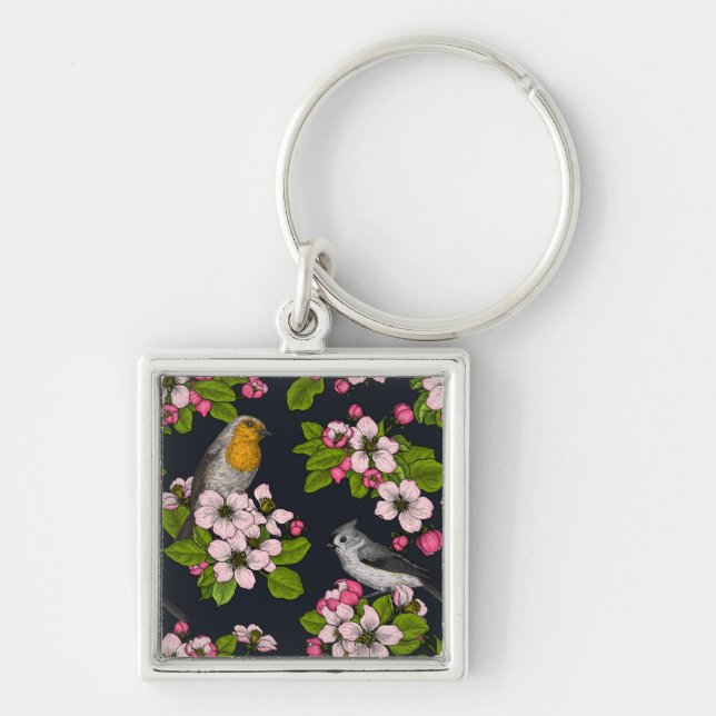 Chaveiro Aves e Blossomas em preto (Frente)