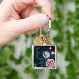 Chaveiro Aves e flores cor-de-rosa com folhas