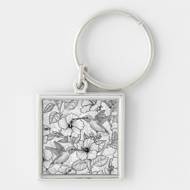 Chaveiro Aves e flores de hibisco b&w (Frente)