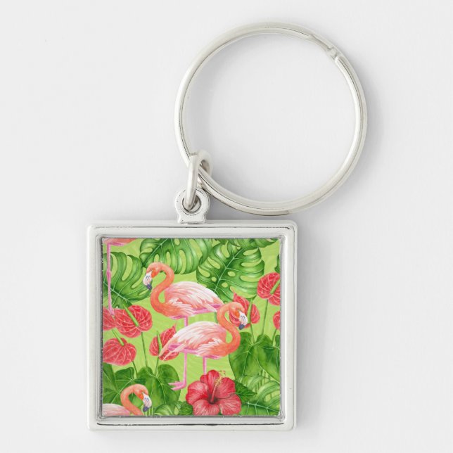 Chaveiro Aves Flamingo e plantas tropicais (Frente)