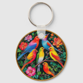 Chaveiro Aves Vibrantes Empoleiradas em Ramais de Flor