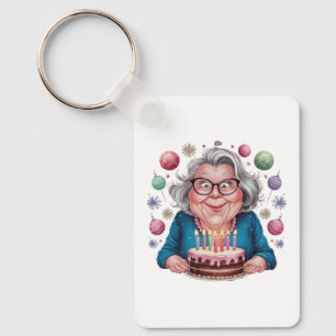Chaveiro Avó engraçada olhando para o bolo de aniversário