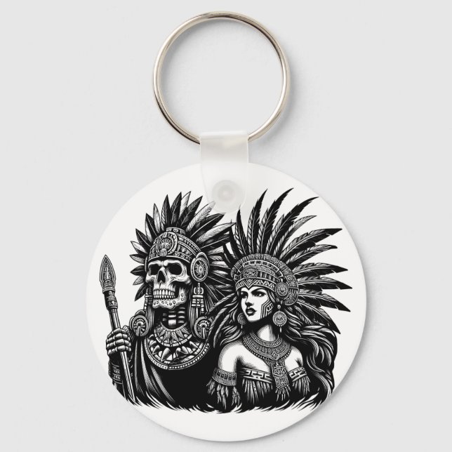 Chaveiro Aztec Skeleton Warrior com Princesa Mulheres Arte (Frente)