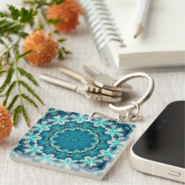 Chaveiro Azul Aqua Mandala Rosette Retro Hippie