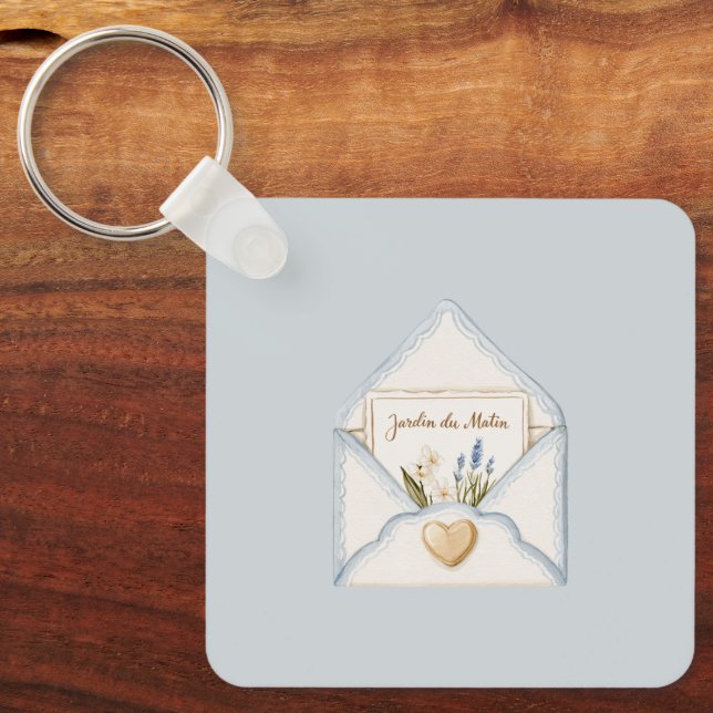 Chaveiro Azul Claro Francês Envelope Coração Floral Creme   (Frente)