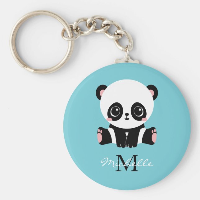 Chaveiro Azul de bolha personalizada Panda branca monograma (Frente)