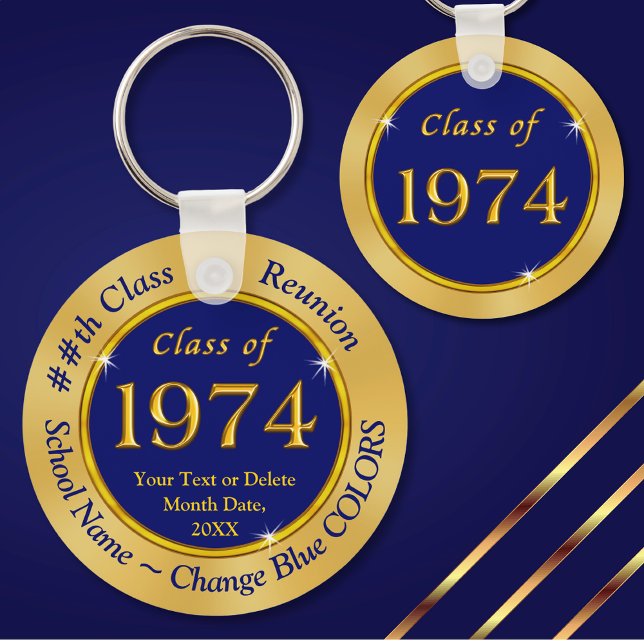 Chaveiro Azul e Dourado, Classe de 1972, Favores de Reunião (Class of 1974 ideas. 50th reunion party favors. 50th reunion keychains. Class of 1974. Blue and Gold)