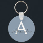 Chaveiro Azul empoeirado e Monograma Branco<br><div class="desc">Chaveiro de Elegante Branco e Azul. Esses Chaveiros podem ser personalizados para incluir seu nome inicial e próprio e são um favor perfeito de chá de panela,  festa de solteira ou festa de aniversário.</div>
