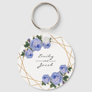 Chaveiro Azul Floral Elegante Dourada Glitter Geométrico