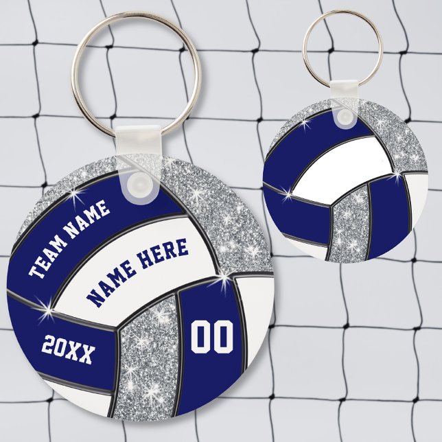 Chaveiro Azul marinho, Branco, Prata, Presentes de Voleibol (Volleyball keychains. Cheap Volleyball Team Gifts. Volleyball bag tags, backpack tags. End of Season)