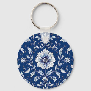 Chaveiro Azul Marinho Porcelana Padrão Floral