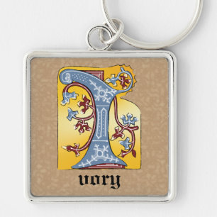 Chaveiro Azul medieval e maré vermelha iluminada - Letra I