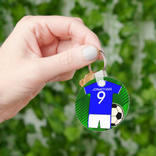 Chaveiro Azul personalizado e branco do jérsei de futebol