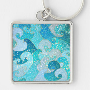 Chaveiro Azul Sereia Faux Glitter Sea- Teal Dourado Oceano