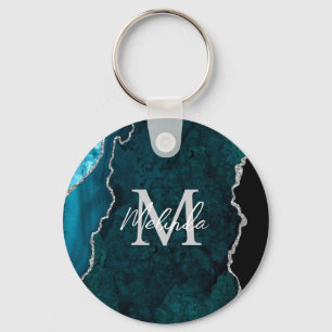 Chaveiro Azul Teal e Agato Marmoso Prateado
