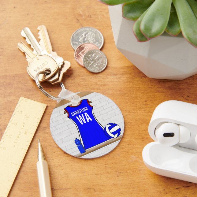 Chaveiro Azul Uniforme Netball Personalizado com Vermelho e (Mesa)