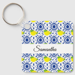 Chaveiro Azulejo de Limão Geométrico Azul