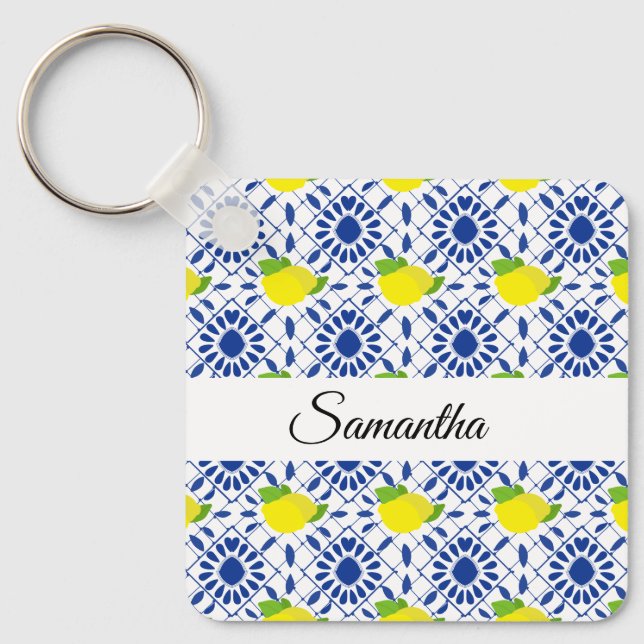 Chaveiro Azulejo de Limão Geométrico Azul (Frente)