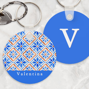 Chaveiro Azulejo de Telha Azul Mediterrâneo Nome Personaliz