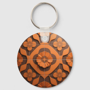 Chaveiro Azulejo Geométrico de Medalhões Florais Laranja