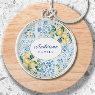 Chaveiro Azulejo Italiano Azul Aquarela Personalizado Limão