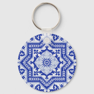 Chaveiro Azulejo Vintage, Estilo Cerâmico Rachado Azul