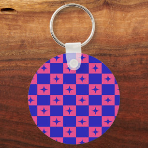 Chaveiro Azulejo Xadrez Azul e Rosa com Padrão de Brilhos