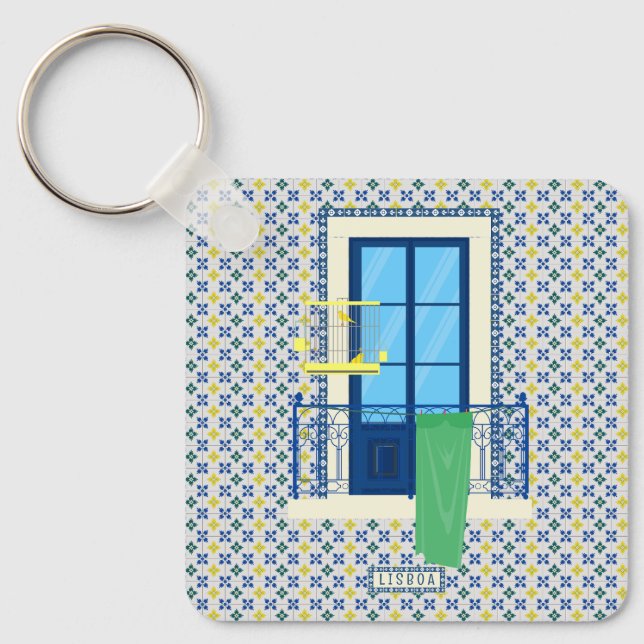 Chaveiro Azulejos portugueses e varanda de janela com aves (Frente)