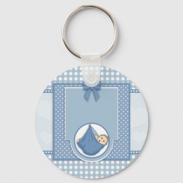 Chaveiro Baby Shower Boy Blue Pattern Party Nursery Art (Frente)