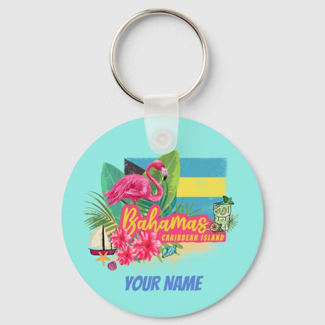 Chaveiro Bahamas retro caribe ilha flamingo vintage (Frente)