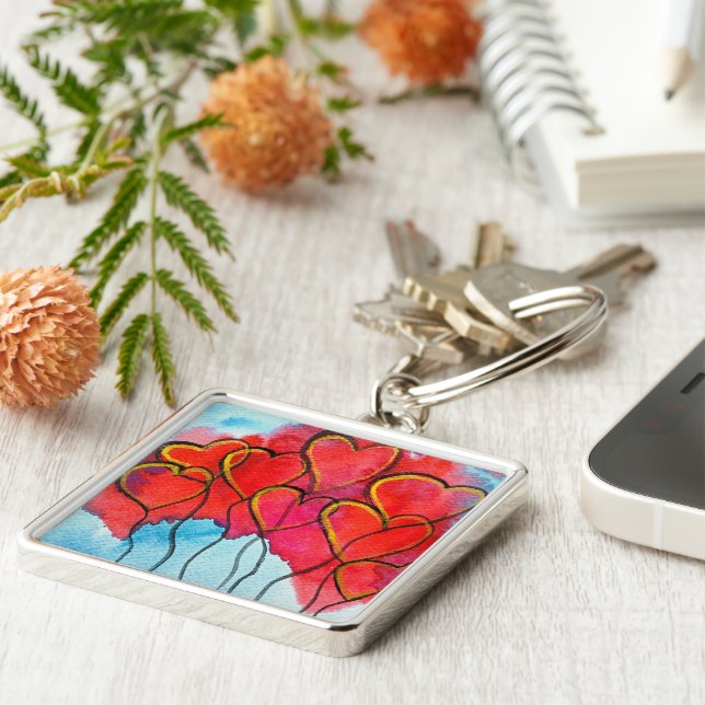 Chaveiro Balões de coração vermelho Namorados aquarela (Lateral)