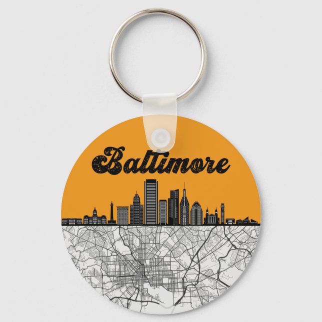 Chaveiro Baltimore Maryland City Skyline with Map (Frente)