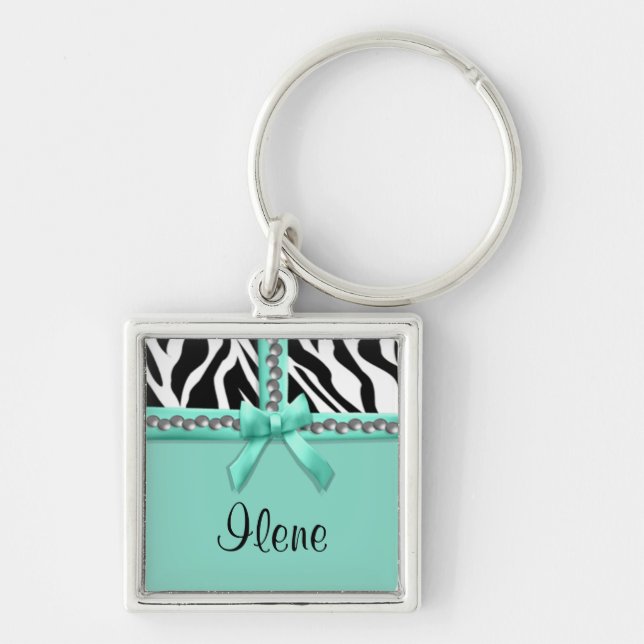 Chaveiro Bandas E Gemas De Zebra Branca E Teal Personalizad (Frente)