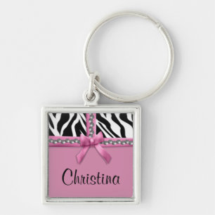 Chaveiro Bandas E Gemas De Zebra, Rosa E Branco, Personaliz