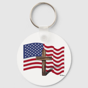 Chaveiro Bandeira Americana Acenando e Cruz Rústica