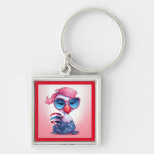 Chaveiro Bandeira Americana com Cartoon de Flamingo