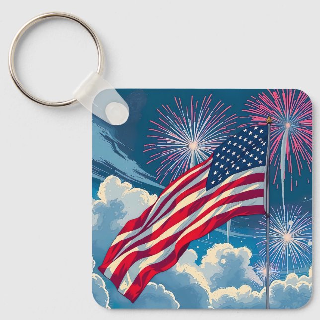 Chaveiro Bandeira Americana Patriótica com Fireworks - 4 de (Frente)