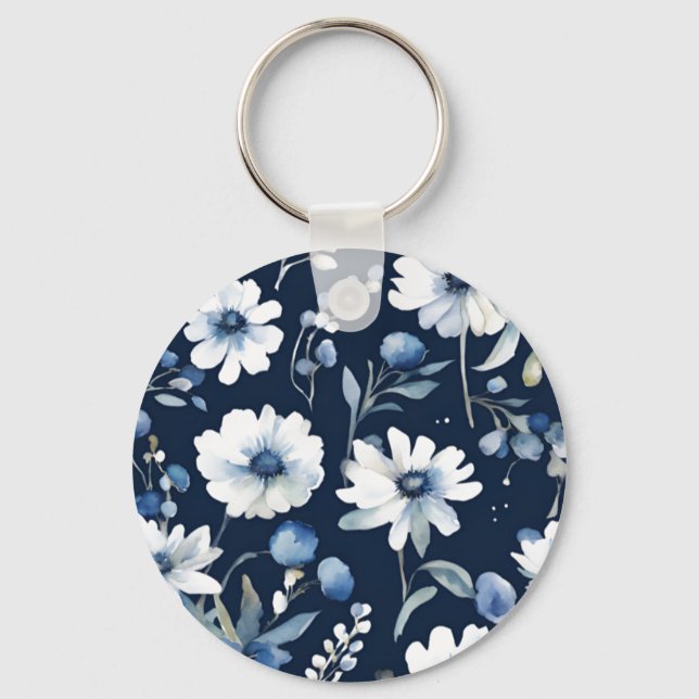 Chaveiro Bando de Flores Elegante Aquarela Azul (Frente)