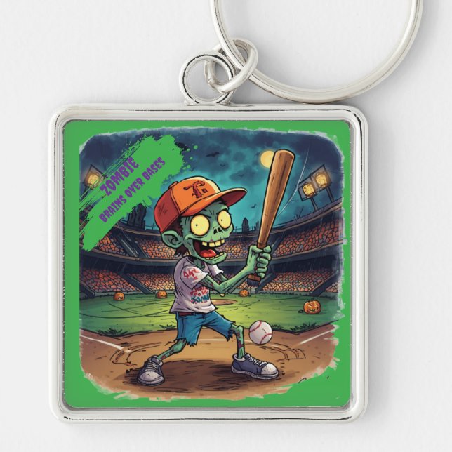 Chaveiro Basebol de Halloween, Zumbi,Cérebros Sobre as Base (Frente)