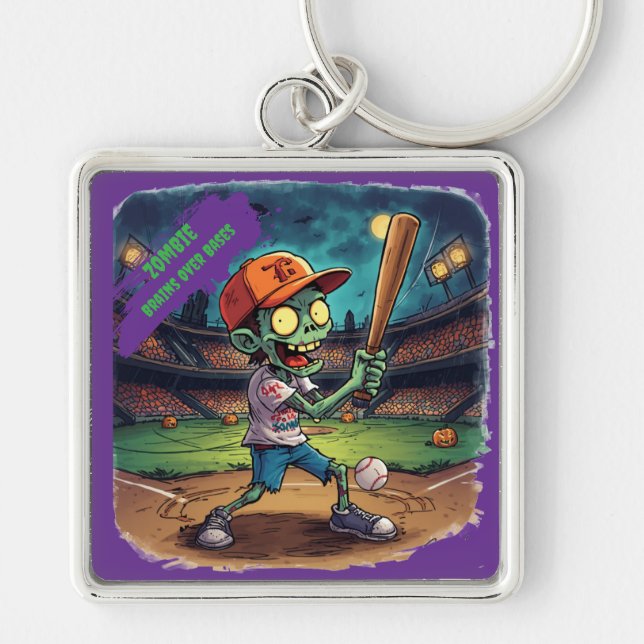 Chaveiro Basebol de Halloween, Zumbi,Cérebros Sobre as Base (Frente)