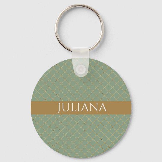 Chaveiro Basil Verde Dourado Quatrefoil Personalizado  (Frente)