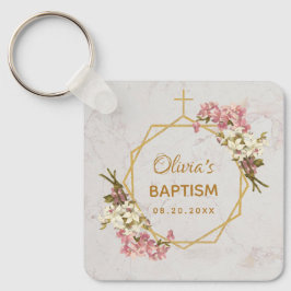 Chaveiro Batismo de Menina Floral Mármore Dourado Orquídeas