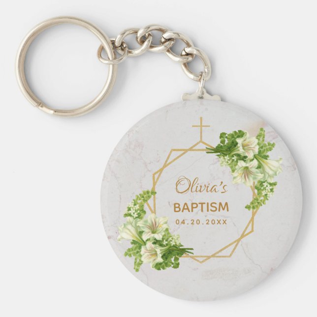 Chaveiro Batismo Floral Geométrico Lírios Brancos Mármore D (Frente)