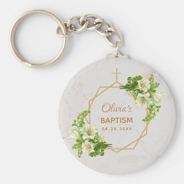 Chaveiro Batismo Geométrico Floral Lírios Brancos Dourados  (Frente)